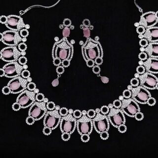 Matt Pink colour Luxury American Diamond Necklace Set With Matching Earrings (SG40800)