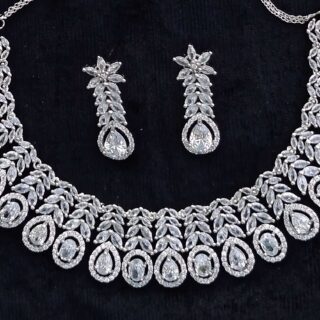 Breathless Leaf American Diamond Necklace Set With Matching Earrings (SG40731)