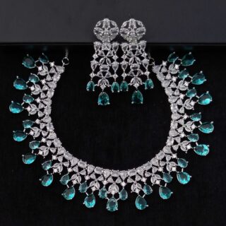 Mint Green Carpet Luxury American Diamond Necklace Set With Matching Earrings(SG40734)