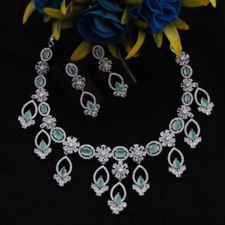 Mint Colour Flower American Diamond Necklace set With Matching Earrings(SG40478)