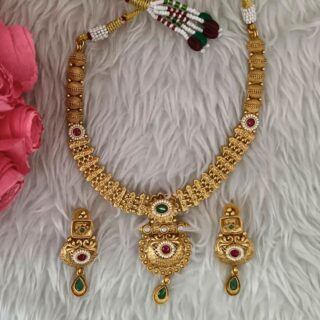 Multi Colour Matt Gold Plated  Polki Necklace With Matching Earrings (SG35505)