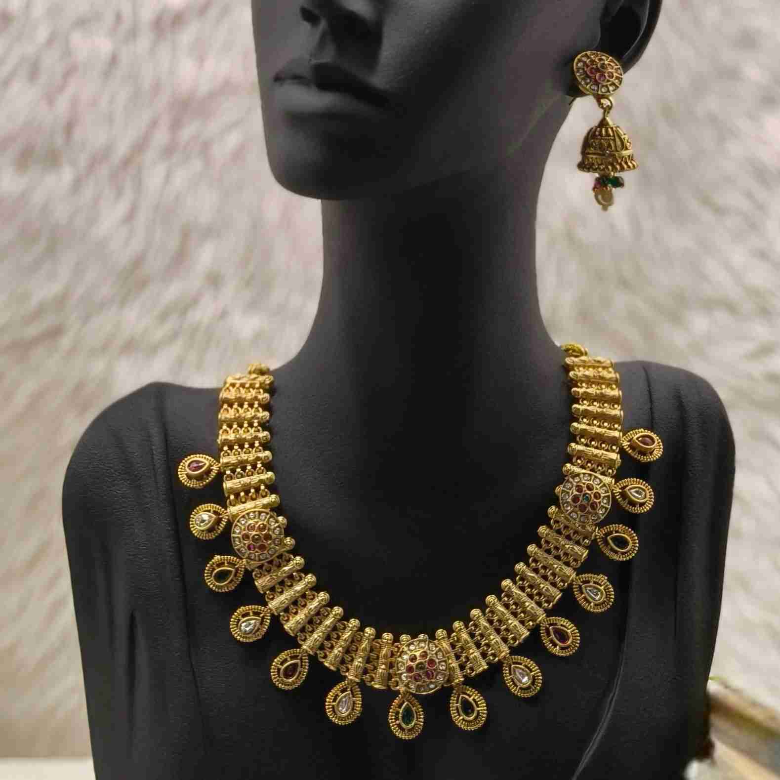 Rajasthani Style Gold Plated Multi Colour Necklace With Jhumka (SG35830) - Image 2