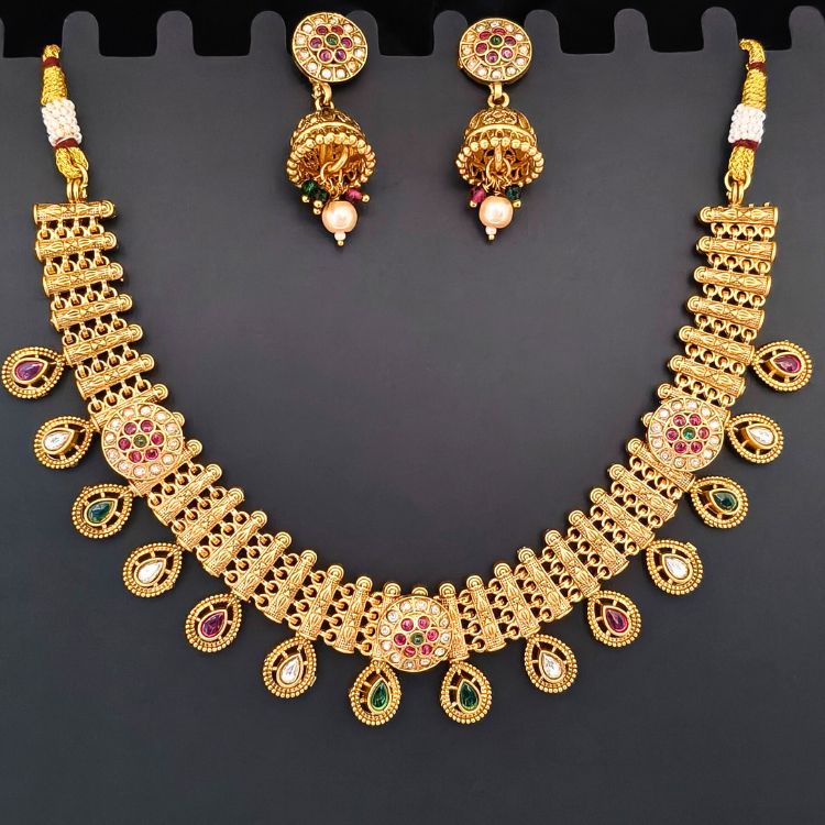 Rajasthani Style Gold Plated Multi Colour Necklace With Jhumka (SG35830) - Image 3
