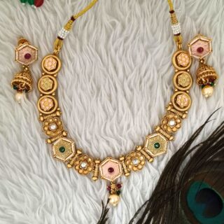 Hexa Multi Colour Gold Plated Polki Necklace With Matching Earrings (SG35745)