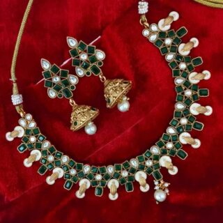 Green Monalisa Stone Replica Necklace For Girls With Matching Jhumka (SG351250)
