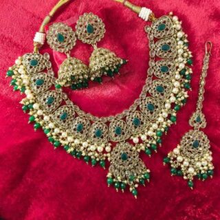 Green Monalisa Stone With Reverse American Diamond Replica Necklace set With Matching Tika (SG351395)