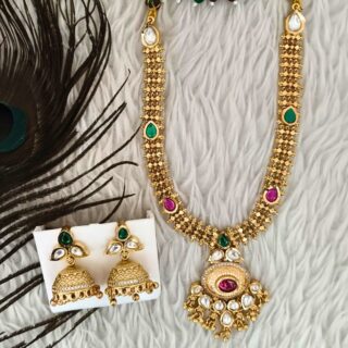 Multi Colour Gold Plated Polki Necklace With Jhumka (SG351230)