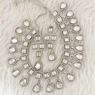 Silver Square Kundan Polki With Micro American Diamond Necklace Set With Trendy Stud Earrings (SG351950)