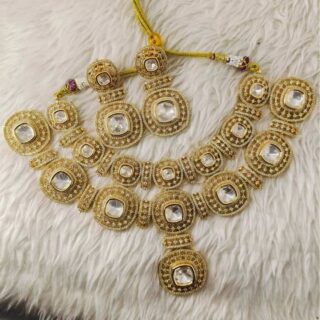 White Kundan Polki Micro American Diamond Double Layer Necklace Set With Matching Earrings(SG402833)