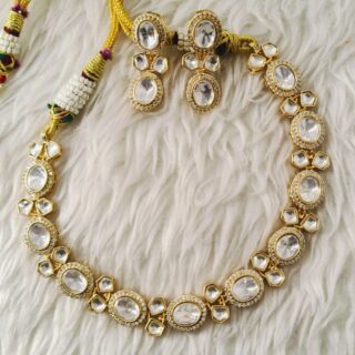 White Pentagon Cut Kundan Polki Micro American Diamond Unique Necklace Set With Matching Earrings (SG402087)