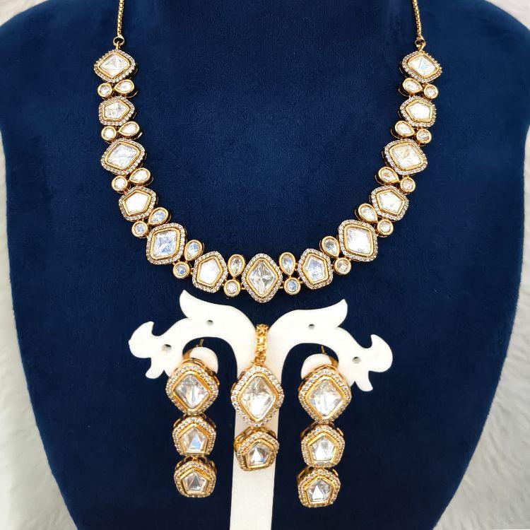 White Pentagon Kundan Polki Micro American Diamond Necklace Set With Matching Tika (SG351310) - Image 2