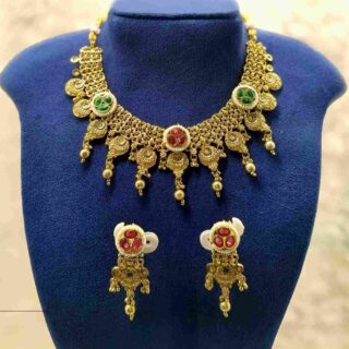 Rajasthani Style Gold Plated Artificial Costume Necklace Set With Matching Earrings