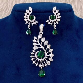 Luxury Aqua Green American Diamond Pendant With Matching Earrings (SG4002)