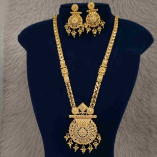 Matt Gold Plated Antique Flower Cut Long Fancy Rani Haar With Matching Earrings (SG251855)