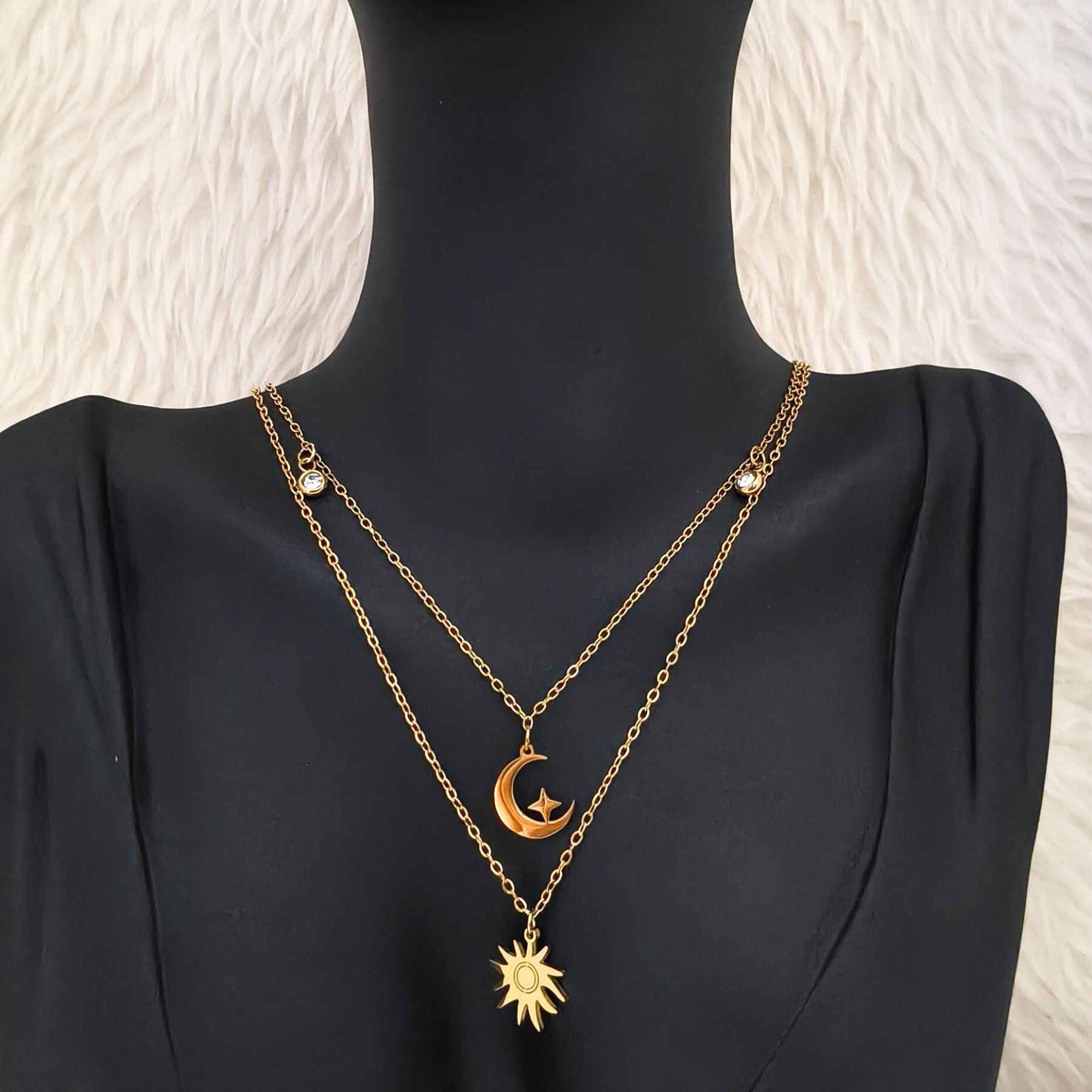 Moon Pendant Gold Plated Stainless Steel Luxury Anti Tarnish Dual Chain For Girls (SG20137) - Image 2