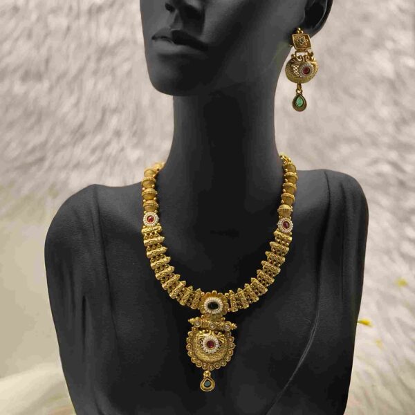 Multi Colour Matt Gold Plated  Polki Necklace With Matching Earrings (SG35505) - Image 2