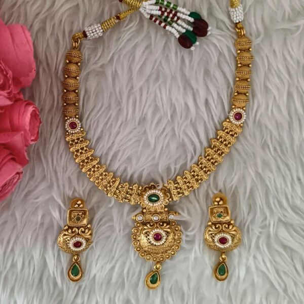 Multi Colour Matt Gold Plated  Polki Necklace With Matching Earrings (SG35505)
