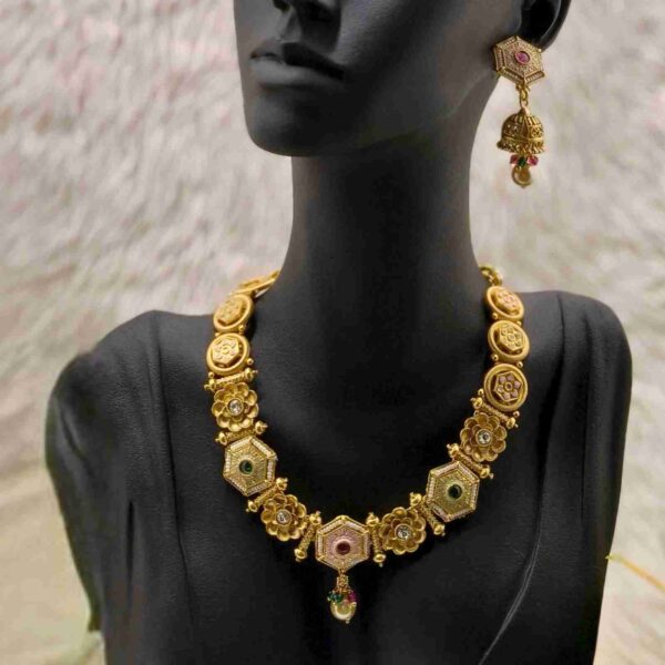 Hexa Multi Colour Gold Plated Polki Necklace With Matching Earrings (SG35745) - Image 2