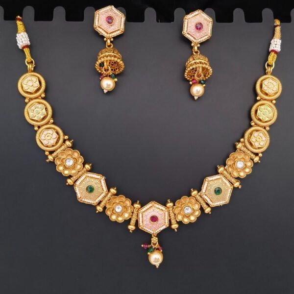 Hexa Multi Colour Gold Plated Polki Necklace With Matching Earrings (SG35745) - Image 3
