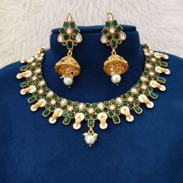 Green Monalisa Stone Replica Necklace For Girls With Matching Jhumka (SG351250) - Image 2