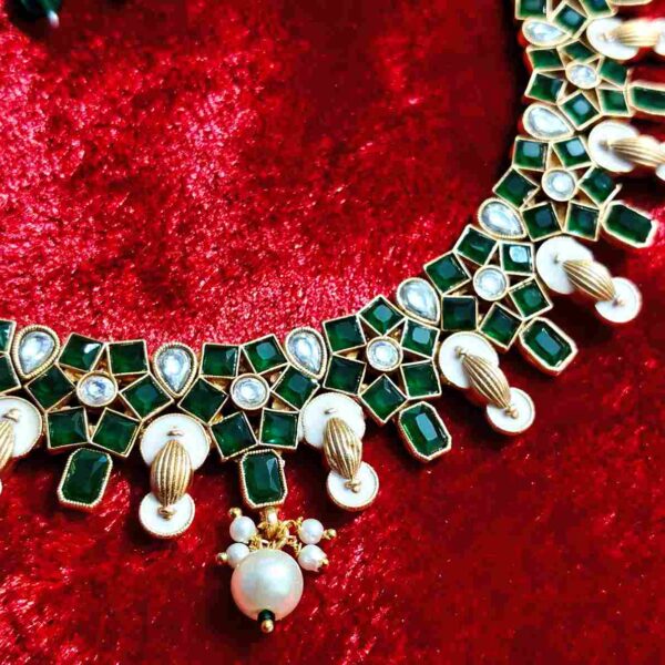 Green Monalisa Stone Replica Necklace For Girls With Matching Jhumka (SG351250) - Image 3