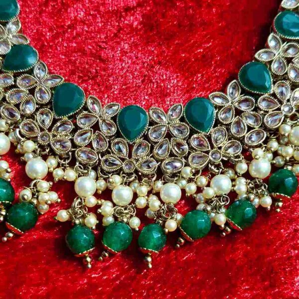 Green Monalisa Stone With Reverse American Diamond Flower Replica Necklace Set With Matching Tika (SG351396) - Image 3