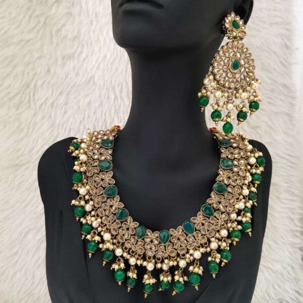 Green Monalisa Stone With Reverse American Diamond Flower Replica Necklace Set With Matching Tika (SG351396) - Image 2