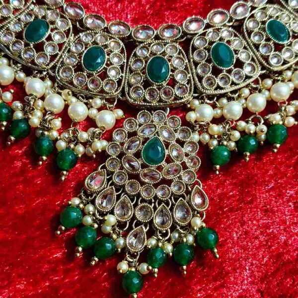 Green Monalisa Stone With Reverse American Diamond Replica Necklace set With Matching Tika (SG351395) - Image 4