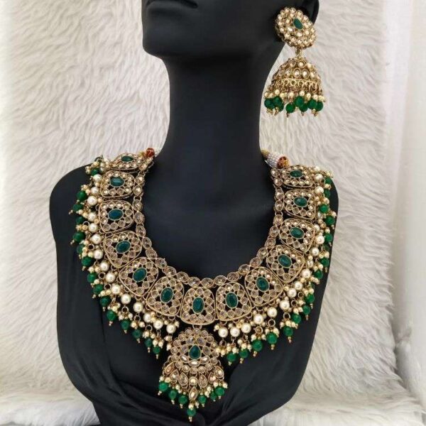 Green Monalisa Stone With Reverse American Diamond Replica Necklace set With Matching Tika (SG351395) - Image 2