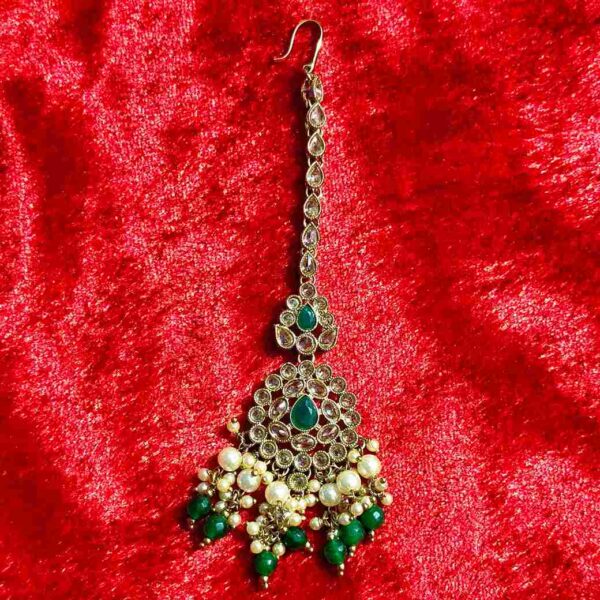 Green Monalisa Stone With Reverse American Diamond Replica Necklace set With Matching Tika (SG351395) - Image 3