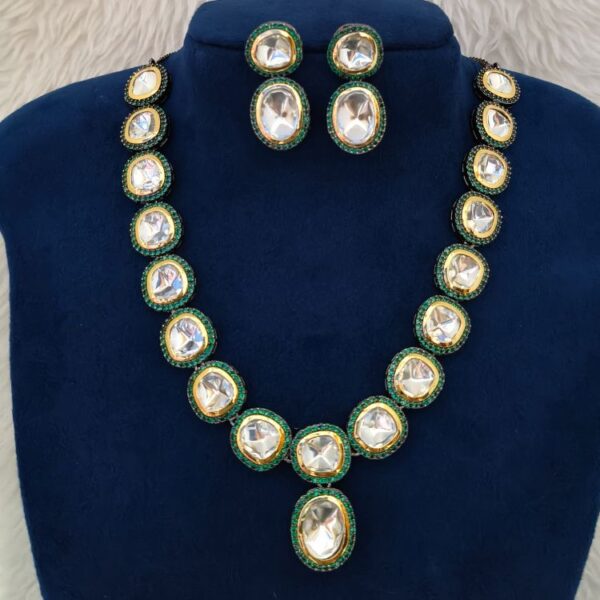 Green Victorian Kundan Polki Necklace With Matching Earrings (SG351460) - Image 3