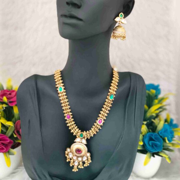 Multi Colour Gold Plated Polki Necklace With Jhumka (SG351230) - Image 2