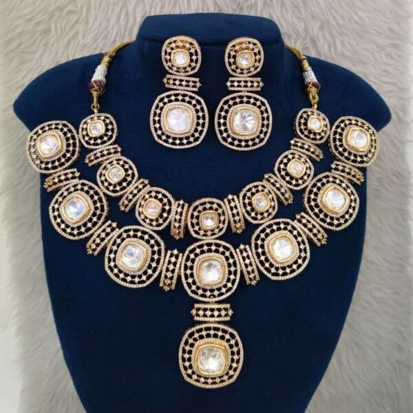 White Kundan Polki Micro American Diamond Double Layer Necklace Set With Matching Earrings(SG402833) - Image 2