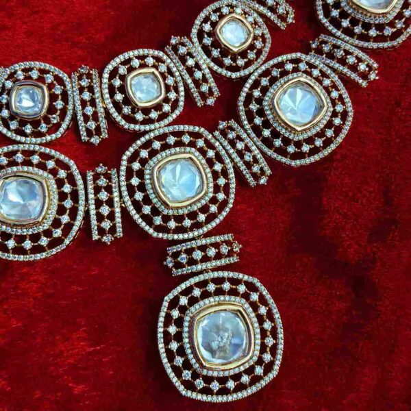 White Kundan Polki Micro American Diamond Double Layer Necklace Set With Matching Earrings(SG402833) - Image 3