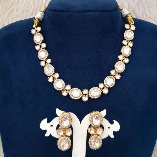 White Pentagon Cut Kundan Polki Micro American Diamond Unique Necklace Set With Matching Earrings (SG402087) - Image 2
