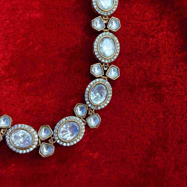 White Pentagon Cut Kundan Polki Micro American Diamond Unique Necklace Set With Matching Earrings (SG402087) - Image 3