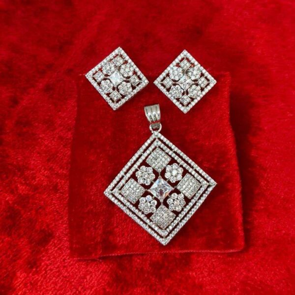 Aqua Crystal Square Luxury American Diamond Pendant With Matching Earrings (SG1204) - Image 3