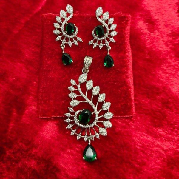 Luxury Aqua Green American Diamond Pendant With Matching Earrings (SG4002) - Image 2
