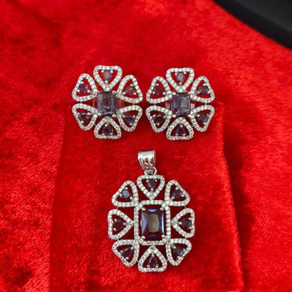 Purple Round Luxury American Diamond Pendant With Matching Earrings (SG50233) - Image 3