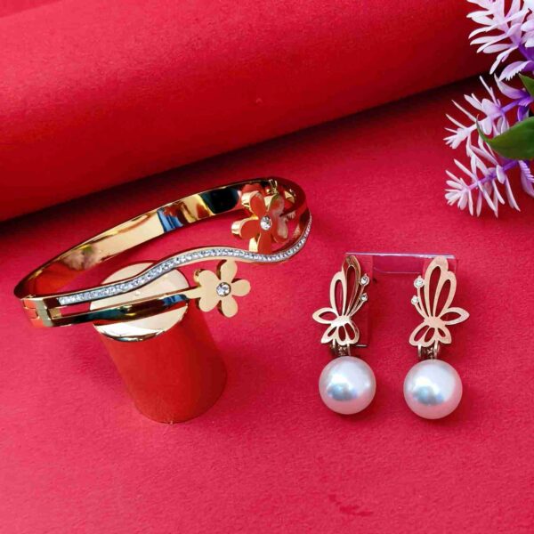 Butterfly Rose Gold Anti Tarnish Earrings And Flower Gols Anti Tarnish Bracelet Combo Set (SG91479) - Image 2