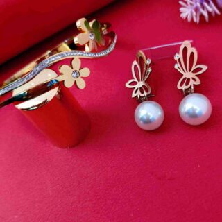 Butterfly Rose Gold Anti Tarnish Earrings And Flower Gols Anti Tarnish Bracelet Combo Set (SG91479)