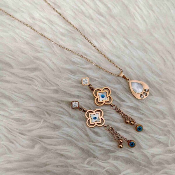 Evil Eye Anti Tarnish Rose Gold Earrings And Rose Gold Chain Combo Set (SG91620)