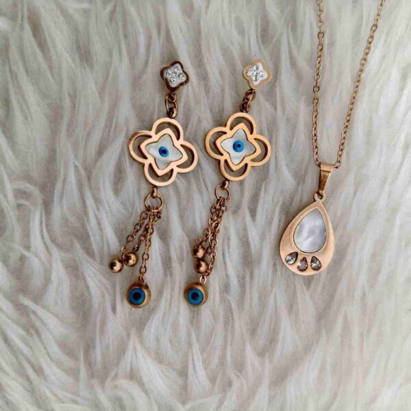 Evil Eye Anti Tarnish Rose Gold Earrings And Rose Gold Chain Combo Set (SG91620) - Image 2