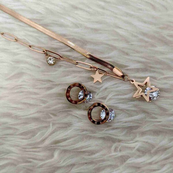 Rose Gold Anti Tarnish Star Design Chain And Earrings Combo Set (SG91500)
