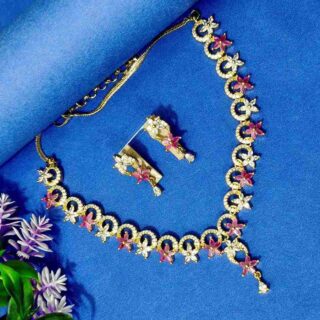 Ruby Red Ring Flower Design American Diamond Necklace Set (SG3005)