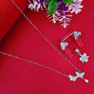Silver Anti Tarnish Butterfly Chain And American Diamond Pendent With Earrings Combo Set (SG91475)