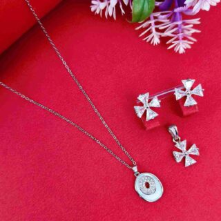 Silver Anti Tarnish Chain And American Diamond Pendent With Earrings Combo Set (SG91485)