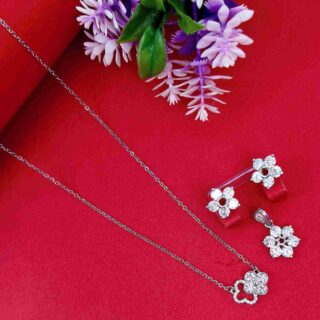 Silver Anti Tarnish Chain And American diamond Pendent With Earrings (SG91460)