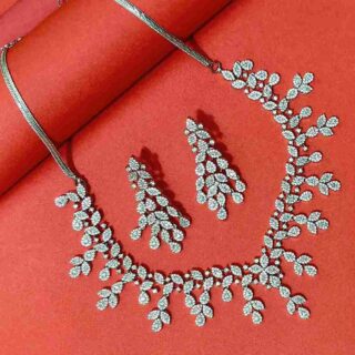Silver Flower Design Micro American Diamond Necklace Set (SG2031)