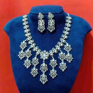 Silver Long Chain Flower Design American Diamond Necklace Set (SG001)
